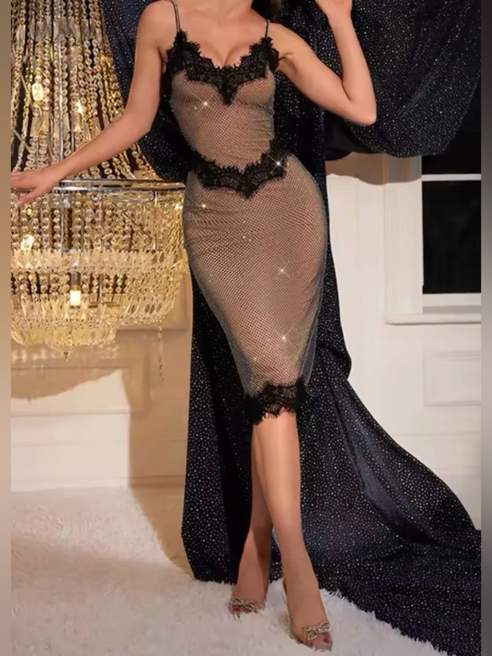 Black Lace-Trim Sheer Midi Slip Dress